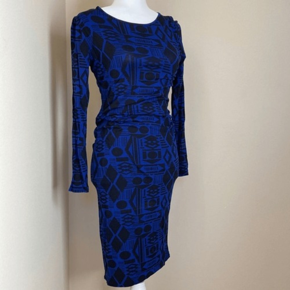 Lustre Womens Blue Black Geometric Tribal Print Long Sleeve Midi Sheath Dress 12